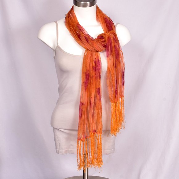 Orange Sheer Pleated Scarf with Fringe Trim - Picture 1 of 7